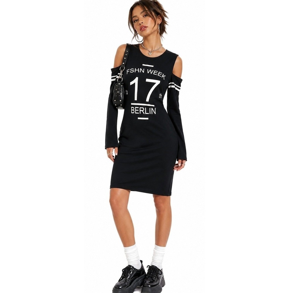 FB Sister Berlin Fashion Week Cold Shoulder Dress Black Graphic Long Sleeve | S